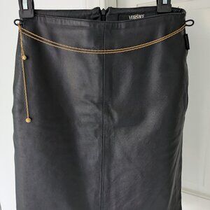 Versace black leather pencil skirt with a side slit